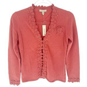 Moiselle Cardigan Womens 2 Pink Lambswool Angora Floral Crochet Cottagecore NEW